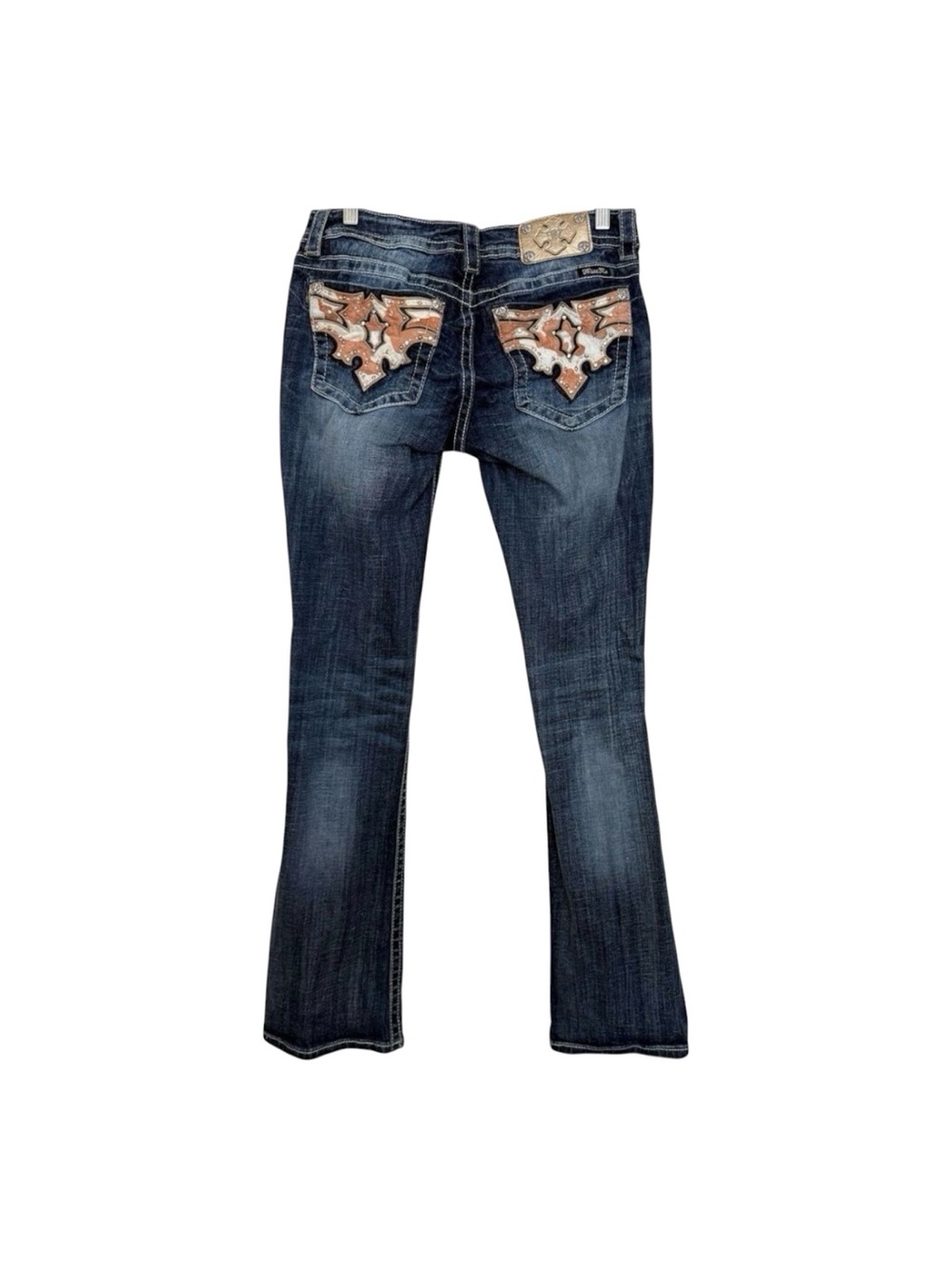 Miss Me Cowhide Boot Jeans Women Sz 31 Signature Crystals 31x33 Low Rise JW70928